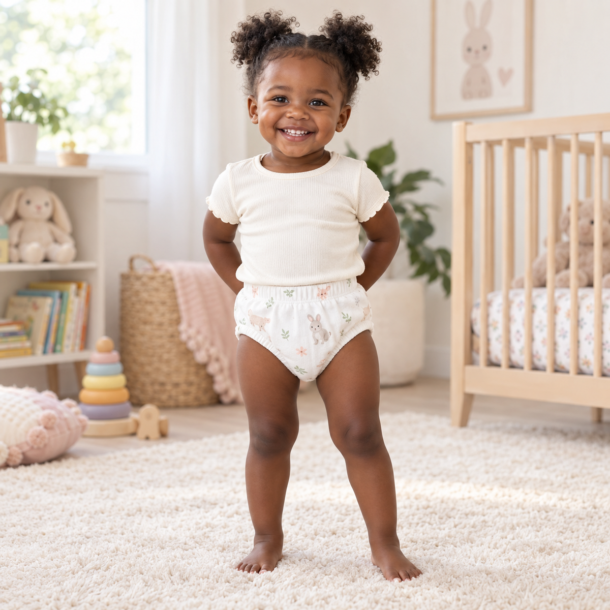 A smiling toddler stands barefoot on a fluffy cream rug in a bright nursery, wearing a cream short-sleeve top and a white diaper with a subtle pastel bunny print. A wooden crib, stuffed toys, and shelves are visible in the softly lit room.