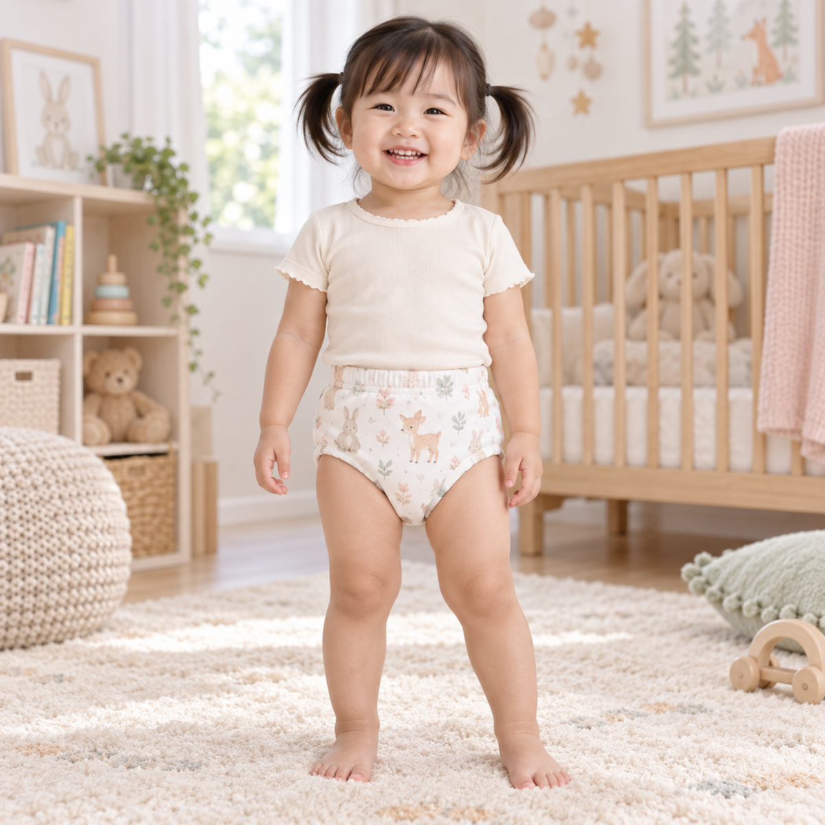 A smiling toddler stands barefoot on a soft cream rug in a bright nursery, wearing a cream short-sleeve top and matching cream patterned diaper cover with small deer motifs.