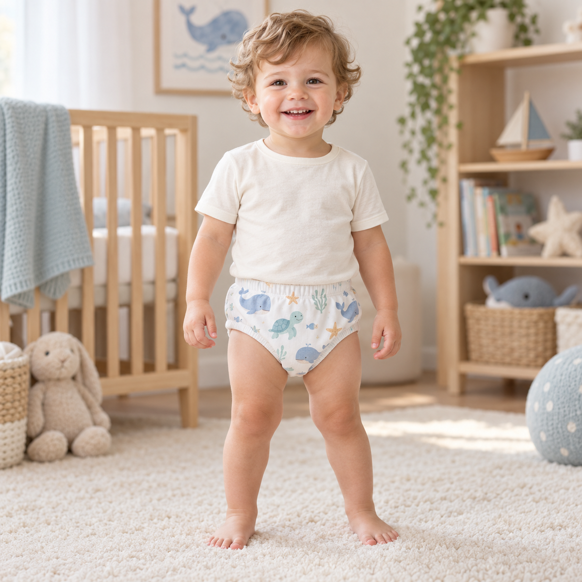 A smiling toddler stands barefoot on a soft cream rug in a bright nursery, wearing a white short-sleeve T-shirt and patterned diaper cover with blue sea creatures and small yellow accents.